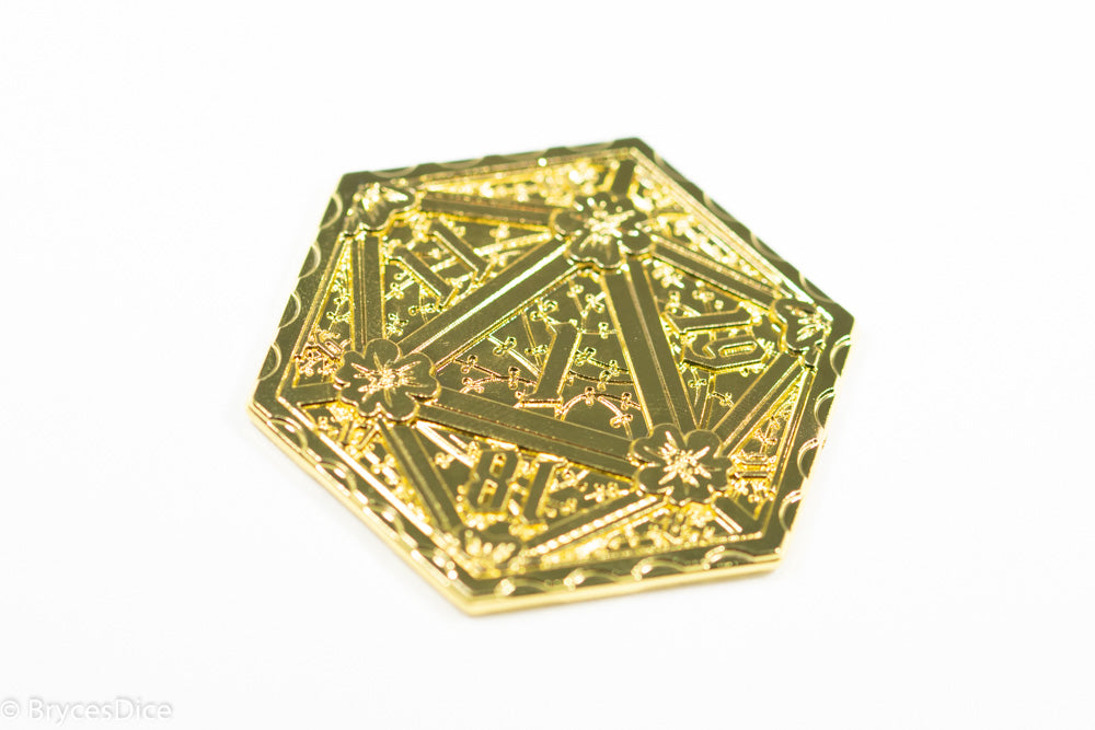 Gold d2 Coin Shaped like d20 Solid Gold Color (Online Only)