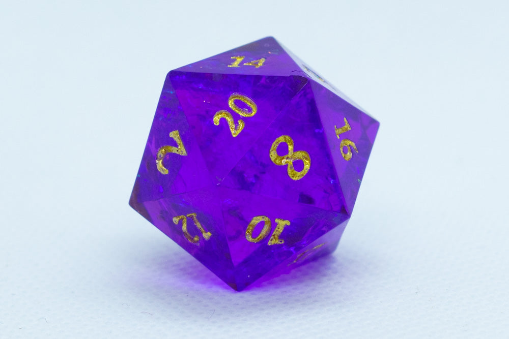 Pinnacle of Purple Sharp Edge Resin d6 / d20-Dice (Purple w/ Gold Numbers) (Online Only)