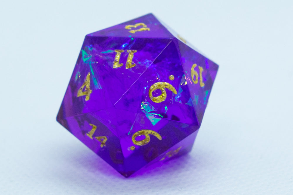 Pinnacle of Purple Sharp Edge Resin d6 / d20-Dice (Purple w/ Gold Numbers) (Online Only)