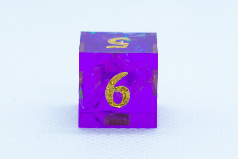 Pinnacle of Purple Sharp Edge Resin d6 / d20-Dice (Purple w/ Gold Numbers) (Online Only)