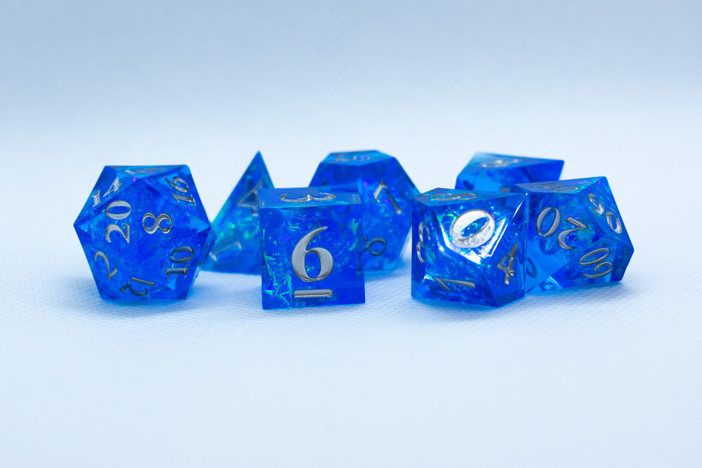 Water Sharp Resin 7-Dice RPG DND Set (w/Silver Numbers) B-Grade (Online Only)