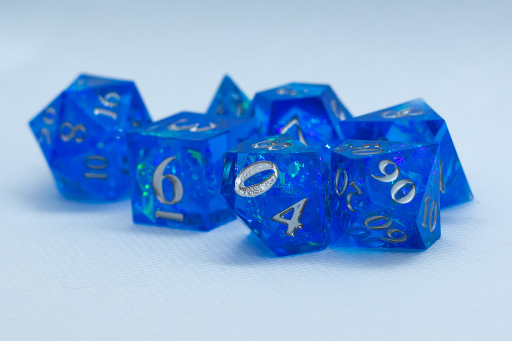 Water Sharp Resin 7-Dice RPG DND Set (w/Silver Numbers) B-Grade (Online Only)