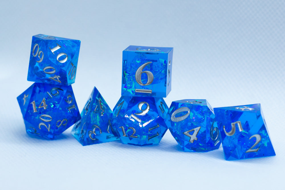 Water Sharp Resin 7-Dice RPG DND Set (w/Silver Numbers) B-Grade (Online Only)