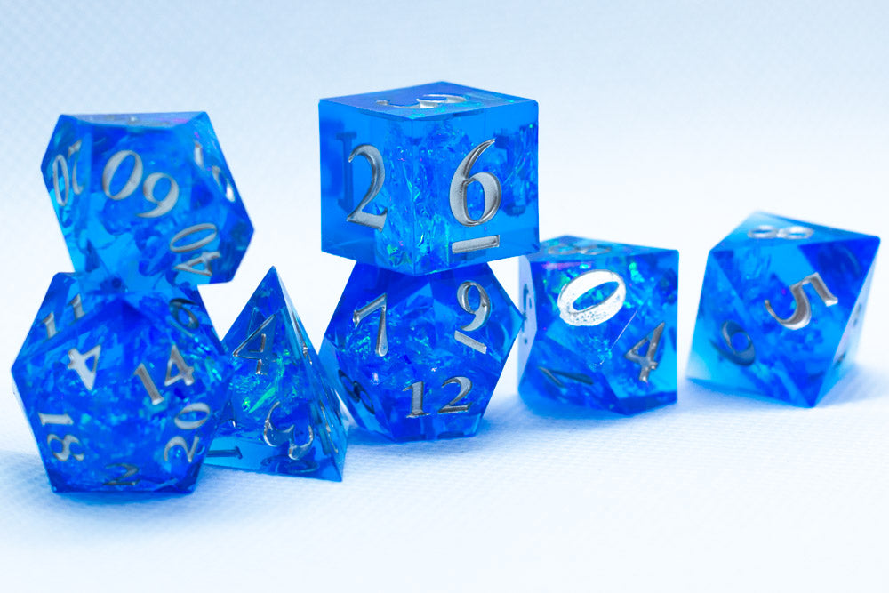 Water Sharp Resin 7-Dice RPG DND Set (w/Silver Numbers) B-Grade (Online Only)