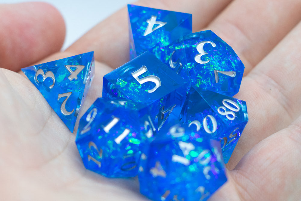 Water Sharp Resin 7-Dice RPG DND Set (w/Silver Numbers) B-Grade (Online Only)