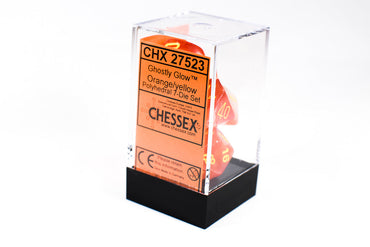 Chessex Polyhedral 7 Die Ghostly Glow Red w/ Yellow Numbers Set Of 7 Dice CHX 27523 (Online Only)