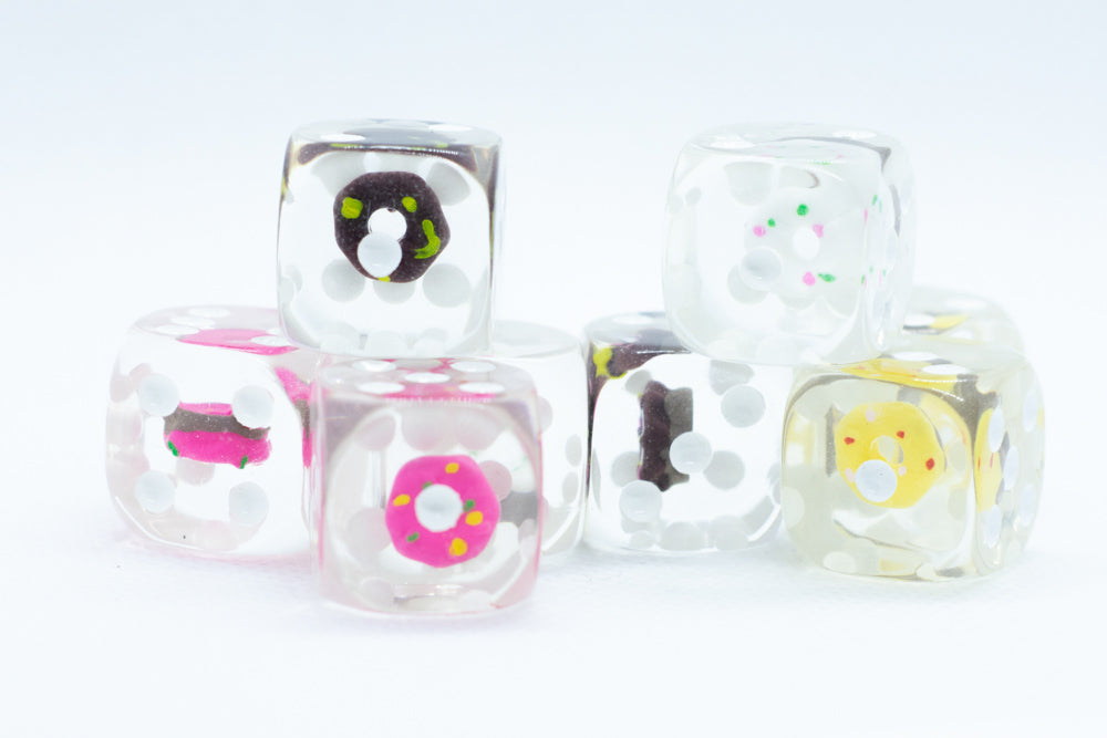 8- Pack Donut Dice Pink, Yellow, Vanilla, Chocolate; 16mm d6 Pipped Dice (Online Only)