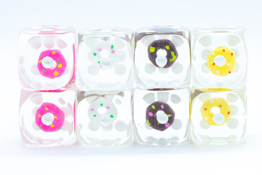 8- Pack Donut Dice Pink, Yellow, Vanilla, Chocolate; 16mm d6 Pipped Dice (Online Only)