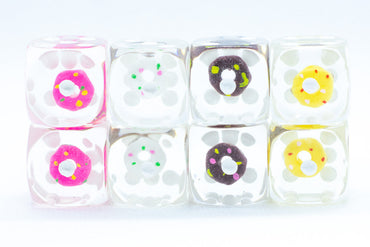 8- Pack Donut Dice Pink, Yellow, Vanilla, Chocolate; 16mm d6 Pipped Dice (Online Only)