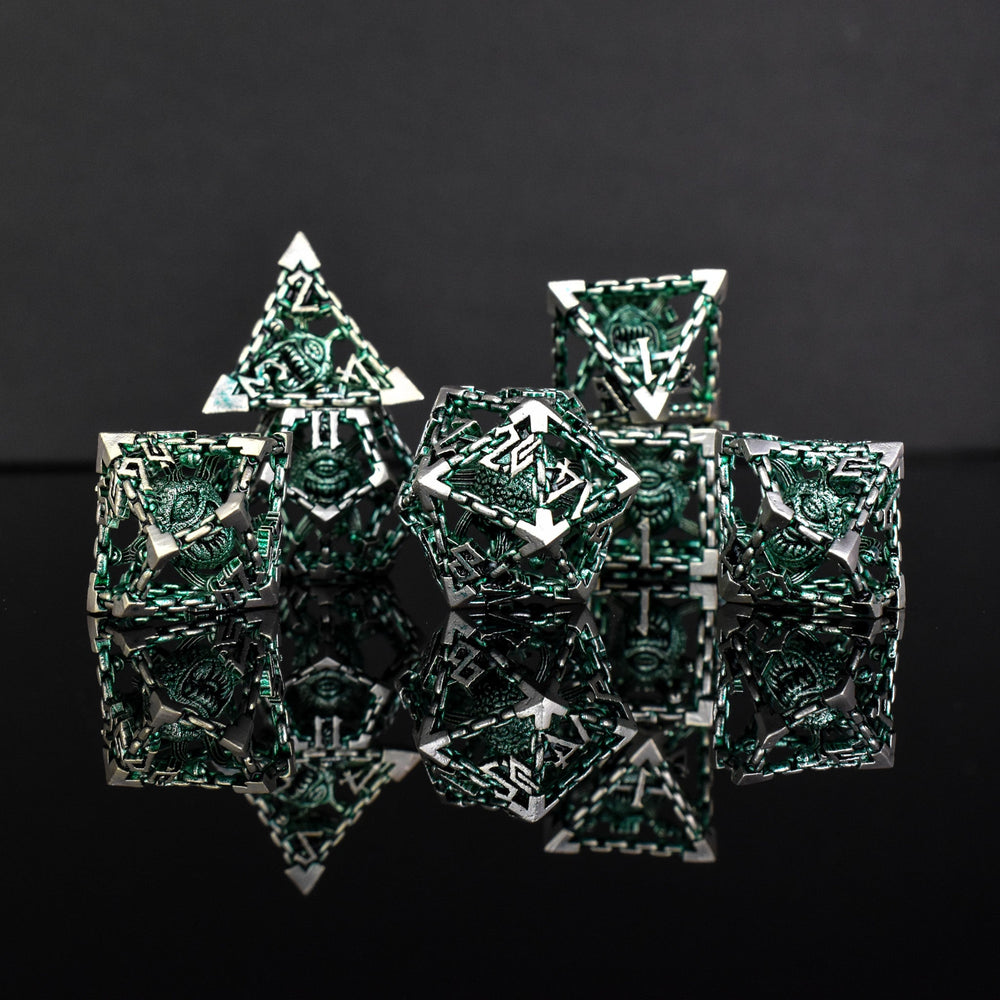 Beholder's Gates Hollow Metal Dice Set - Green and Silver (ONLINE ORDER ONLY)