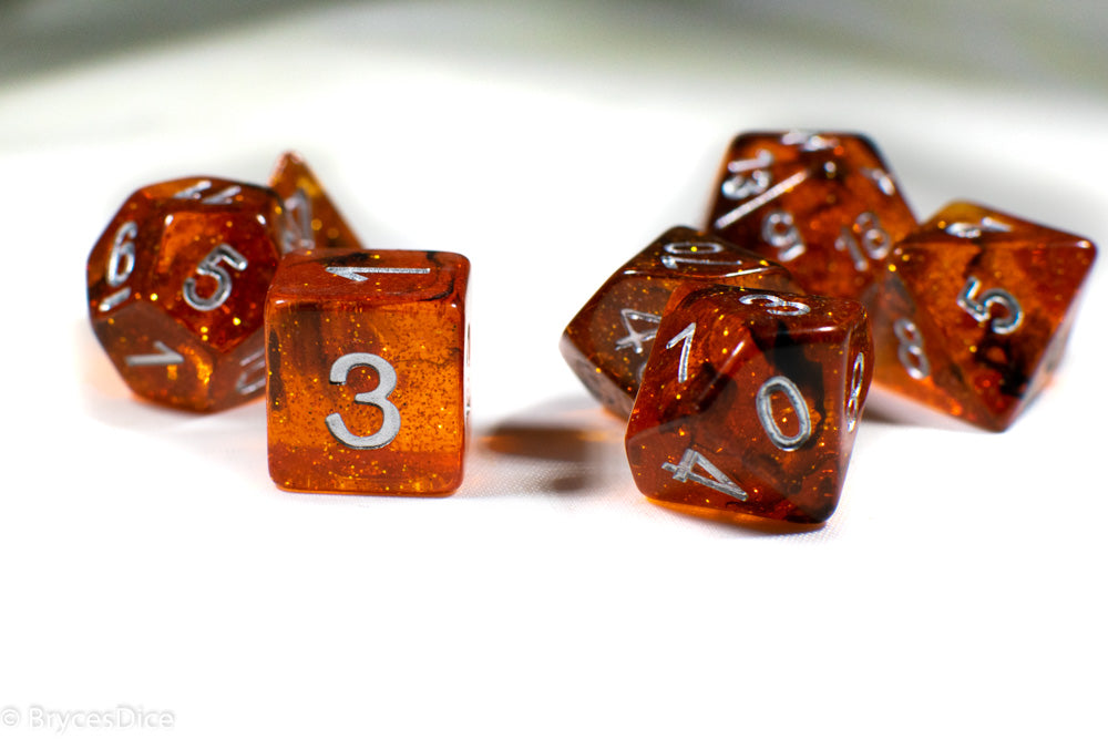 Orange w/ Black Swirl and Silver Ink 7-Dice Set DND RPG (Online Only)