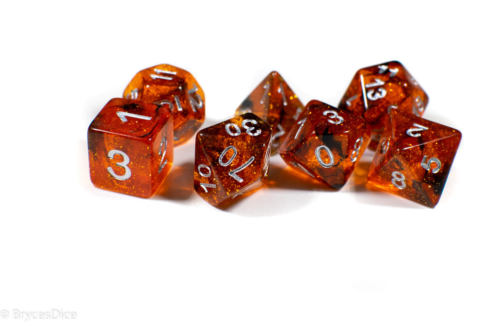 Orange w/ Black Swirl and Silver Ink 7-Dice Set DND RPG (Online Only)