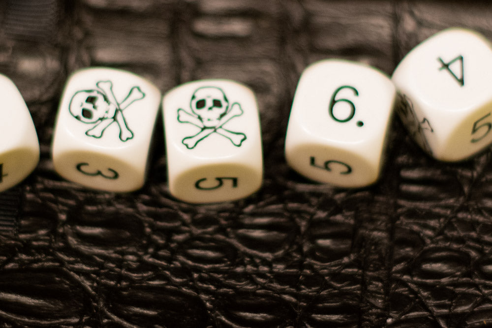 White Pirate D6 Dice Numbered with Skull and Cross Bones (sold per die) (Online Only)