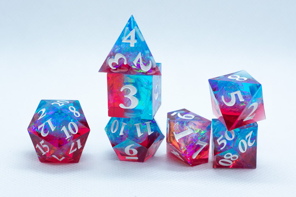 Infected Sharp Edge Resin 7-Dice Dice (Blue Red w/ White Numbers) (Online Only)