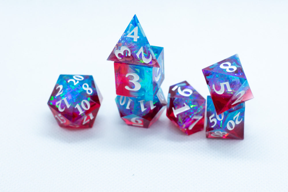 Infected Sharp Edge Resin 7-Dice Dice (Blue Red w/ White Numbers) (Online Only)