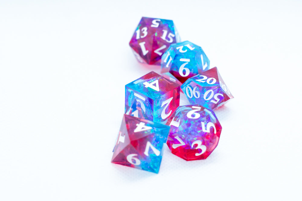 Infected Sharp Edge Resin 7-Dice Dice (Blue Red w/ White Numbers) (Online Only)