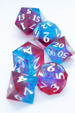 Infected Sharp Edge Resin 7-Dice Dice (Blue Red w/ White Numbers) (Online Only)