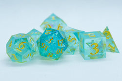 Sea-Foam Sharp Edge Resin 7-Dice Dice (Soft Blue w/ Gold Numbers) (Online Only)