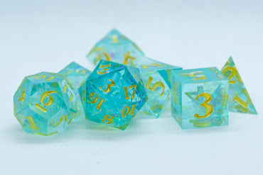 Sea-Foam Sharp Edge Resin 7-Dice Dice (Soft Blue w/ Gold Numbers) (Online Only)