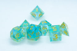 Sea-Foam Sharp Edge Resin 7-Dice Dice (Soft Blue w/ Gold Numbers) (Online Only)