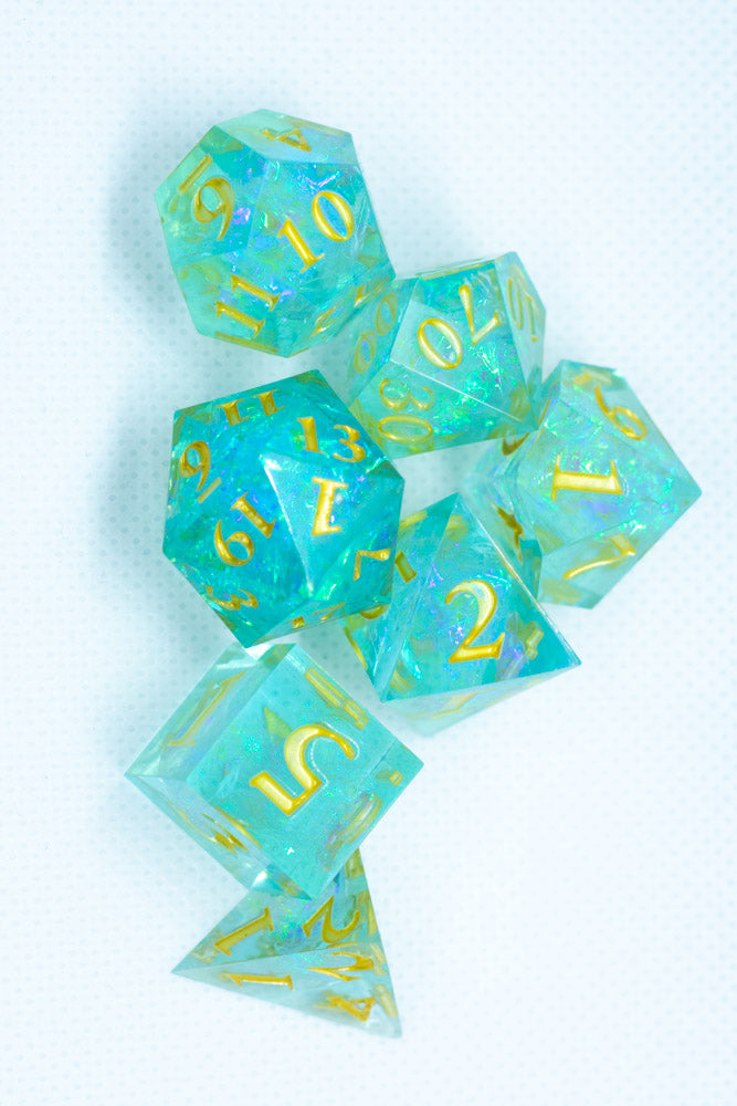 Sea-Foam Sharp Edge Resin 7-Dice Dice (Soft Blue w/ Gold Numbers) (Online Only)