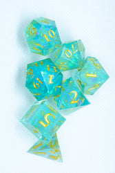 Sea-Foam Sharp Edge Resin 7-Dice Dice (Soft Blue w/ Gold Numbers) (Online Only)