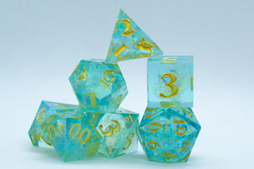 Sea-Foam Sharp Edge Resin 7-Dice Dice (Soft Blue w/ Gold Numbers) (Online Only)