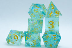 Sea-Foam Sharp Edge Resin 7-Dice Dice (Soft Blue w/ Gold Numbers) (Online Only)