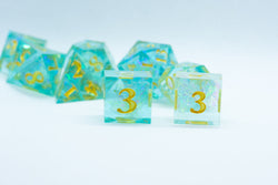 Sea-Foam Sharp Edge Resin 7-Dice Dice (Soft Blue w/ Gold Numbers) (Online Only)