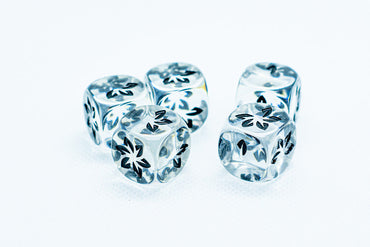 Clear w/Black Falling Petals Dice 16mm D6 Flower Dice (sold per die) (Online Only)