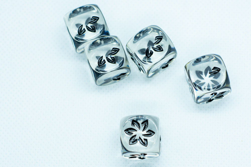 Clear w/Black Falling Petals Dice 16mm D6 Flower Dice (sold per die) (Online Only)