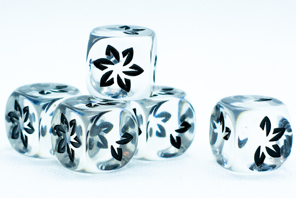 Clear w/Black Falling Petals Dice 16mm D6 Flower Dice (sold per die) (Online Only)