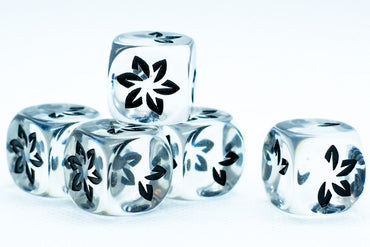 Clear w/Black Falling Petals Dice 16mm D6 Flower Dice (sold per die) (Online Only)