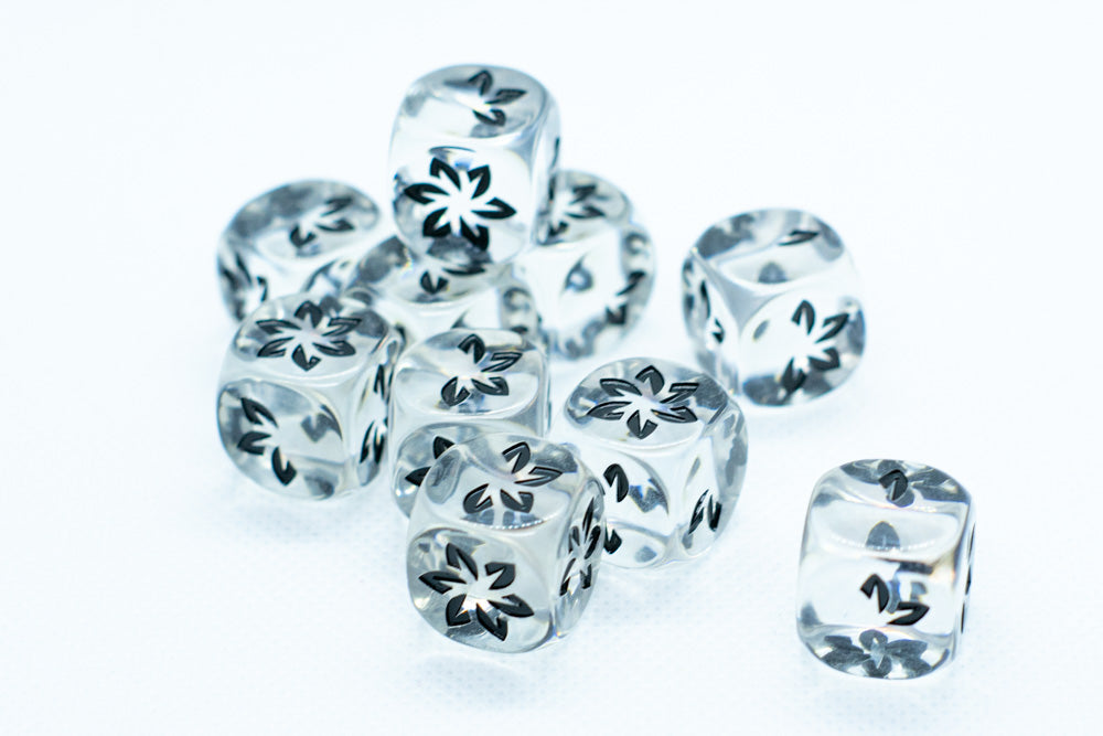 Clear w/Black Falling Petals Dice 16mm D6 Flower Dice (sold per die) (Online Only)