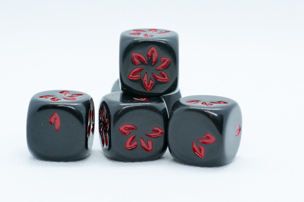 Black w/Red Falling Petals Dice 16mm D6 Flower Dice (sold per die) (Online Only)