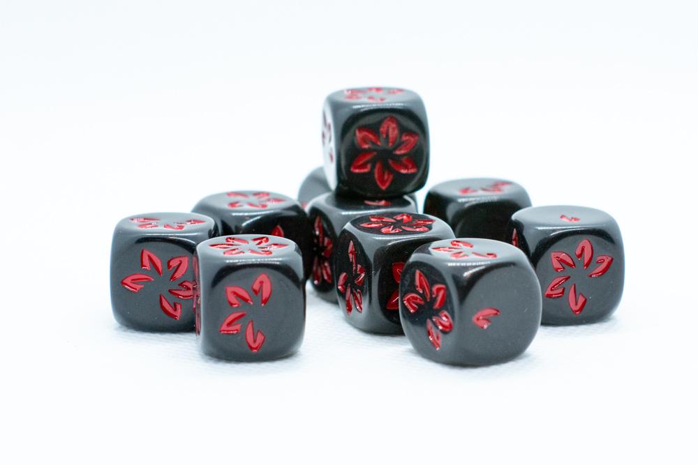 10-Pack Black w/Red Falling Petals Dice 16mm D6 Flower Dice (Online Only)