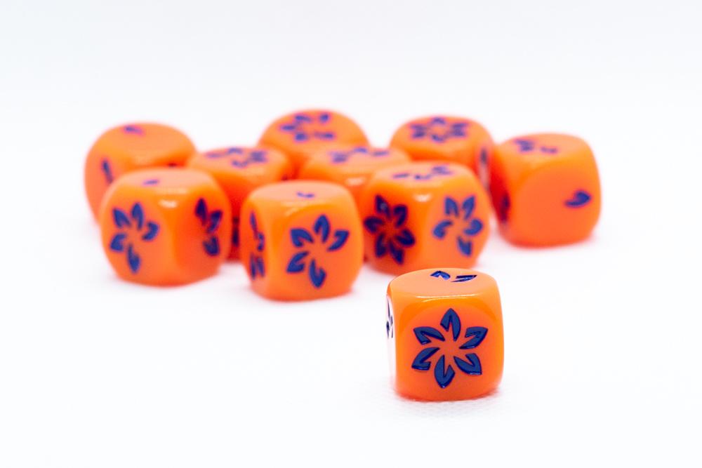 10-Pack Orange w/Blue Falling Petals Dice 16mm D6 Flower Dice (Online Only)