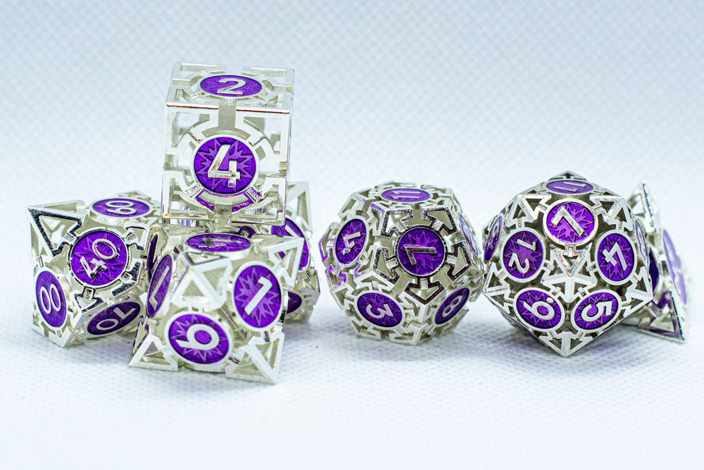 Guardian Silver w/Purple Deadly Arrow Dice | 7-Dice RPG Set High Visibility (Online Only)