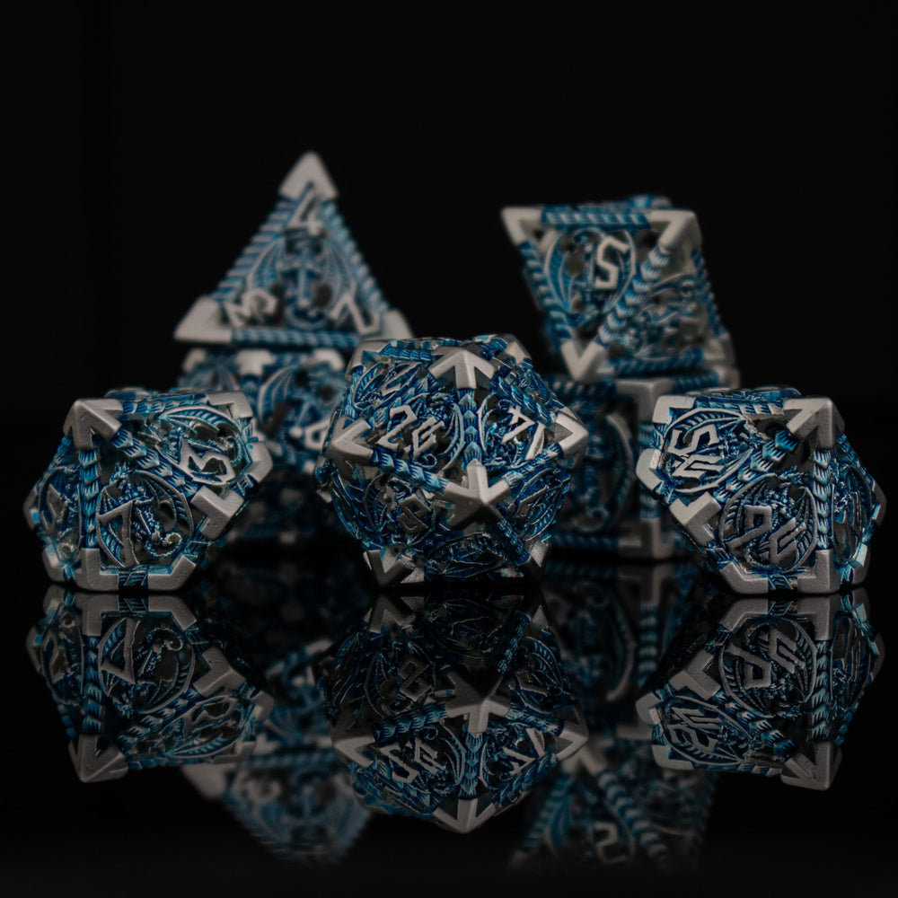 Dragonguard Hollow Metal Dice Set - Azure and Silver (ONLINE ORDER ONLY)