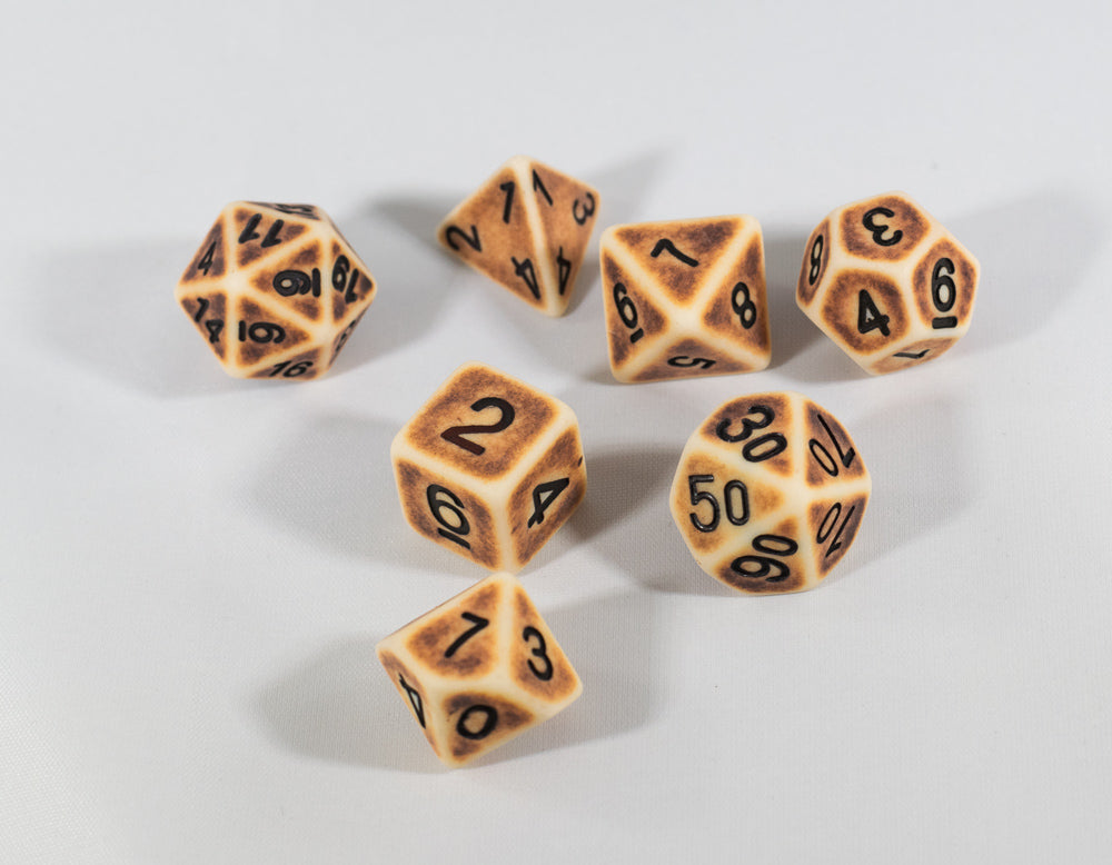 Ancient Tan with Faux Brown Wearing Poly Dice Set (7) Tan Acrylic Black Numbers HDdice (Online Only)