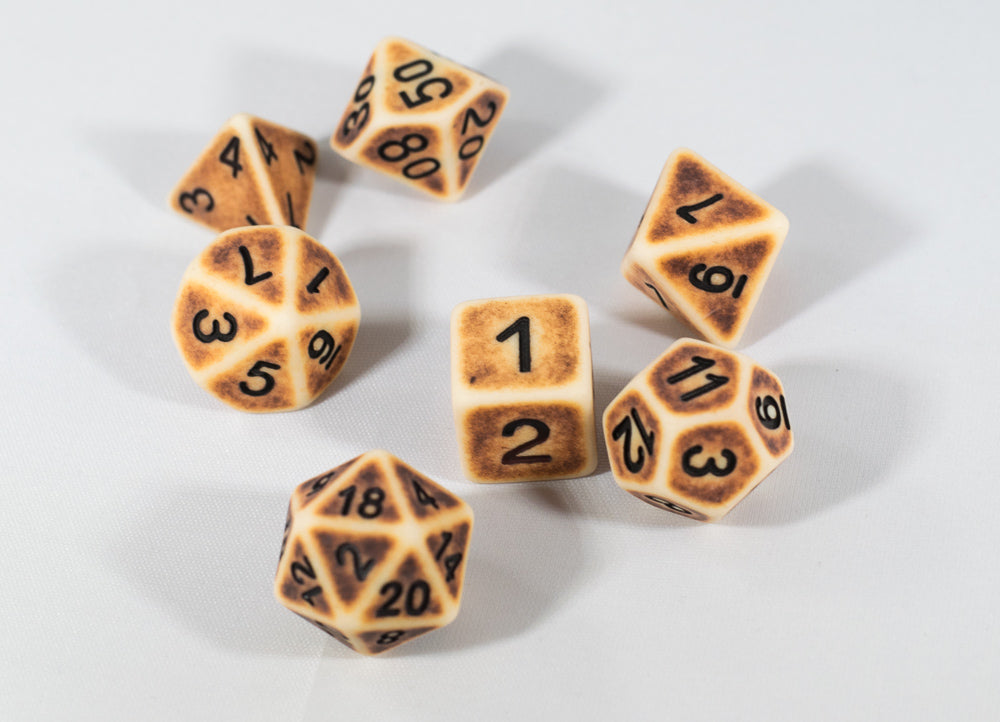 Ancient Tan with Faux Brown Wearing Poly Dice Set (7) Tan Acrylic Black Numbers HDdice (Online Only)
