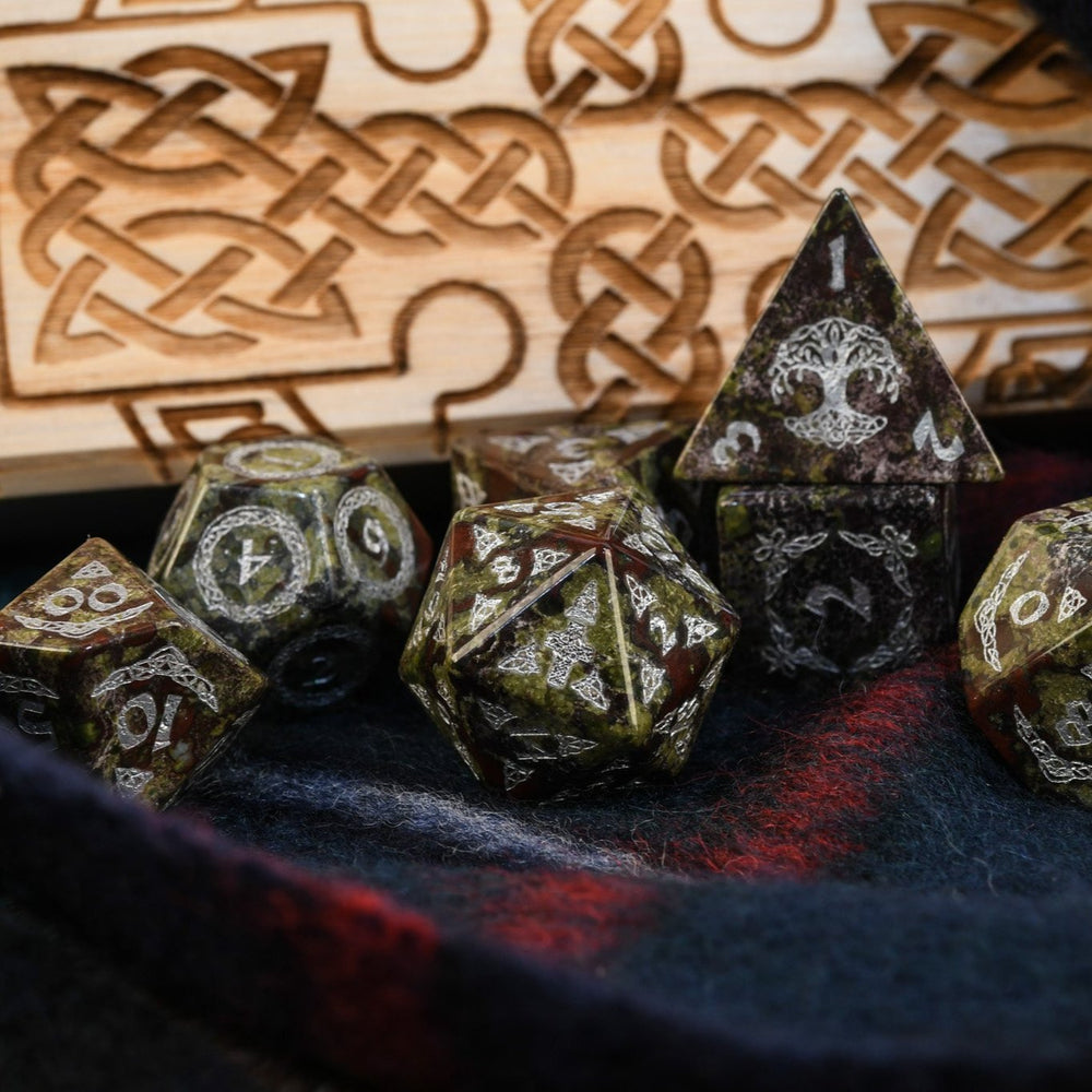 Celtic Dragon Blood Jasper Stone Dice Set – Dice Around the World Collection (ONLINE ORDER ONLY)