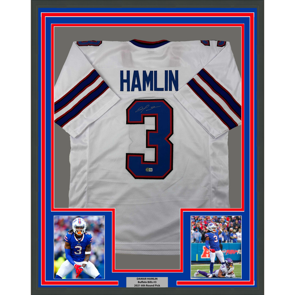 Framed Autographed/Signed Damar Hamlin 35x39 Buffalo White Football Jersey Beckett BAS COA (ONLINE ORDER ONLY)