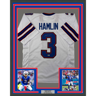 Framed Autographed/Signed Damar Hamlin 35x39 Buffalo White Football Jersey Beckett BAS COA (ONLINE ORDER ONLY)