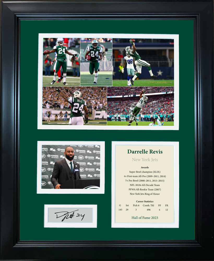 Framed Darrelle Revis Hall of Fame Facsimile Laser Engraved Signature Auto New York Jets 11"x14" Football Photo Sig Collage (ONLINE ORDER ONLY)