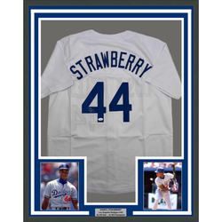 Framed Autographed/Signed Darryl Strawberry 35x39 Los Angeles LA White Baseball Jersey JSA COA