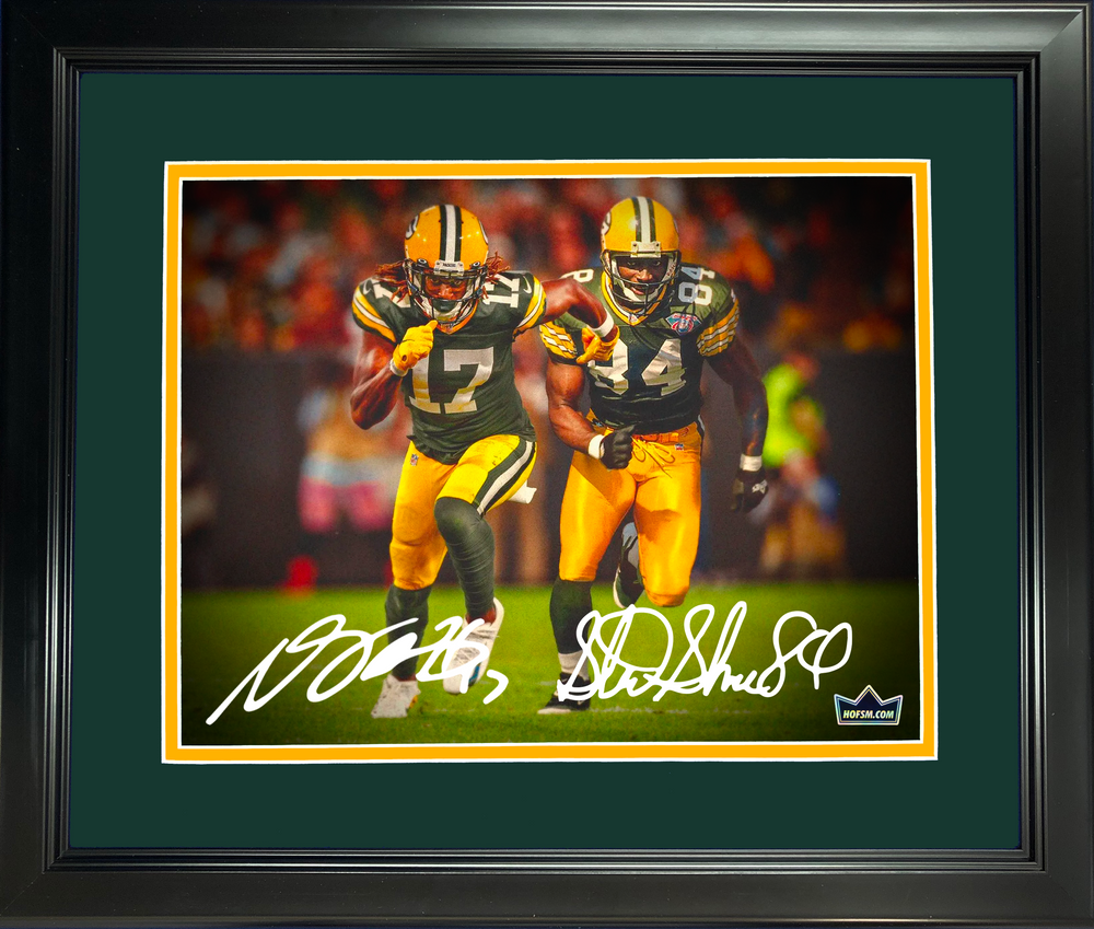 Framed Davante Adams & Sterling Sharpe Green Bay Packers Dual Facsimile Laser Engraved Signature Auto 11"x14"Football Photo HOFSM Holo (ONLINE ORDER ONLY)