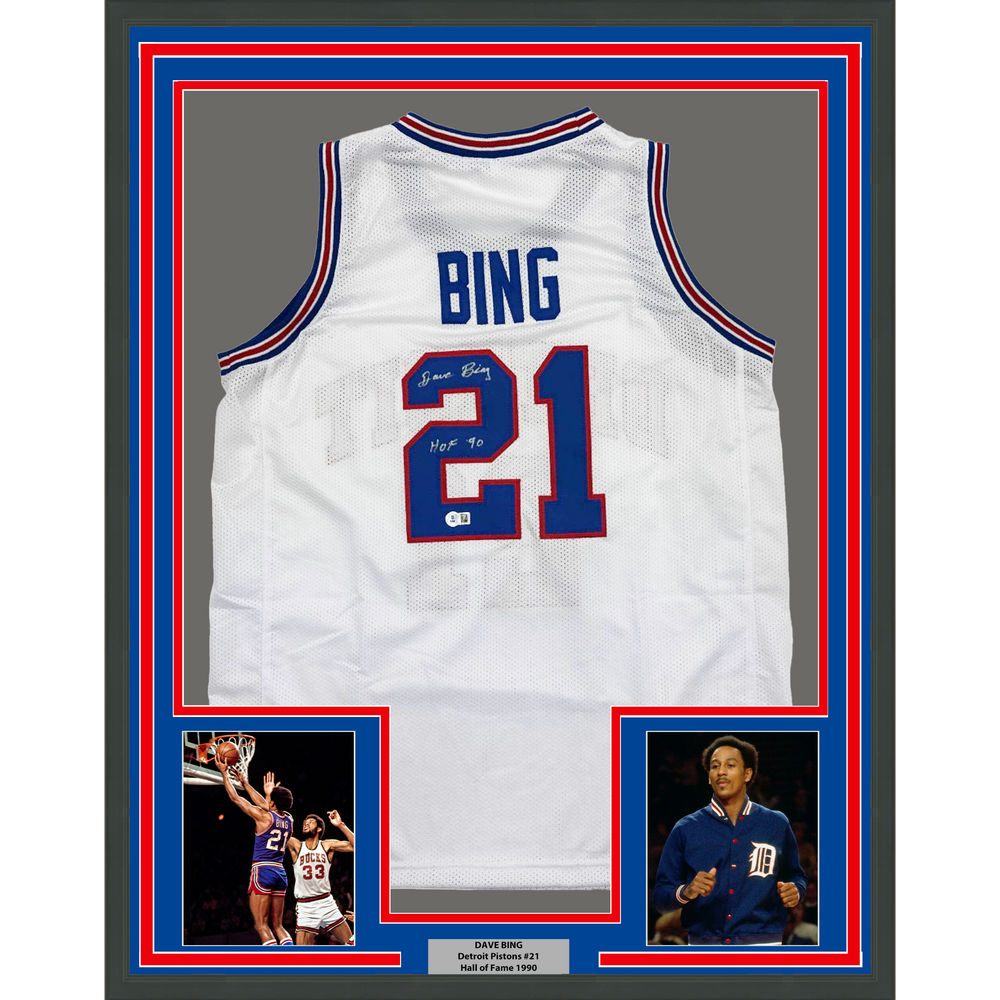Framed Autographed/Signed Dave Bing HOF 90 35x39 Detroit White Basketball Jersey Beckett BAS COA (ONLINE ORDER ONLY)