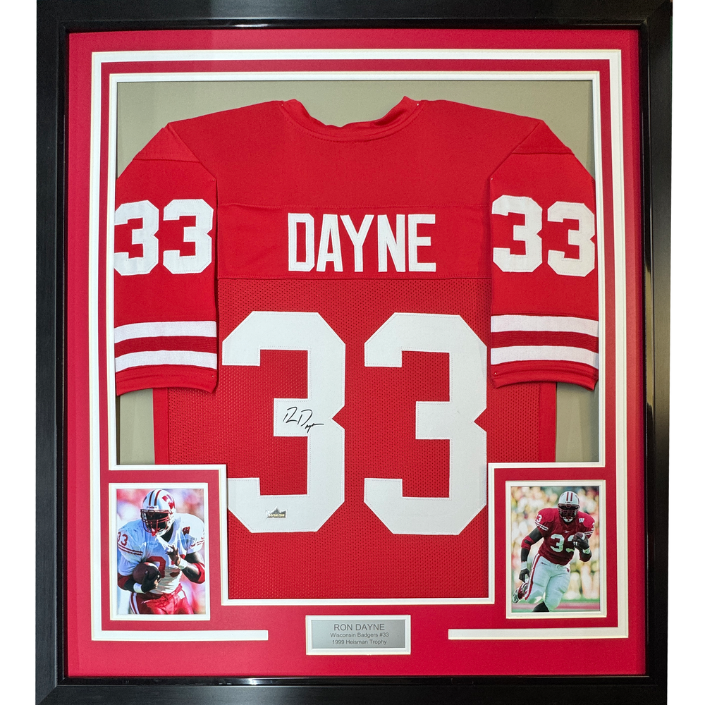 Framed Facsimile Autographed Ron Dayne 35x39 Wisconsin Red Reprint Laser Auto College Football Jersey (ONLINE ORDER ONLY)