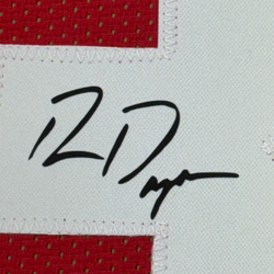 Framed Facsimile Autographed Ron Dayne 35x39 Wisconsin Red Reprint Laser Auto College Football Jersey (ONLINE ORDER ONLY)